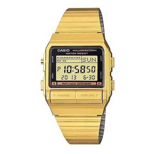 Reloj Casio con banco de datos unisex DB-380G-1df, color de correa dorado y bisel, color negro, color de fondo gris