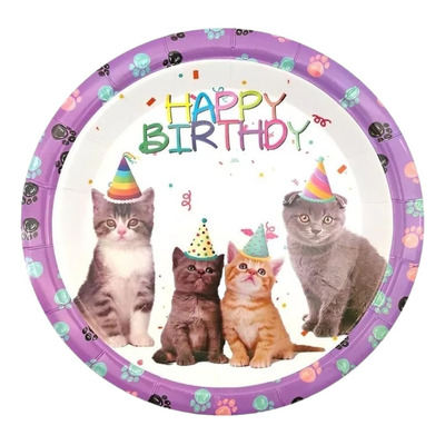 10 Platos De Carton Happy Birthday Diseño De Gatitos