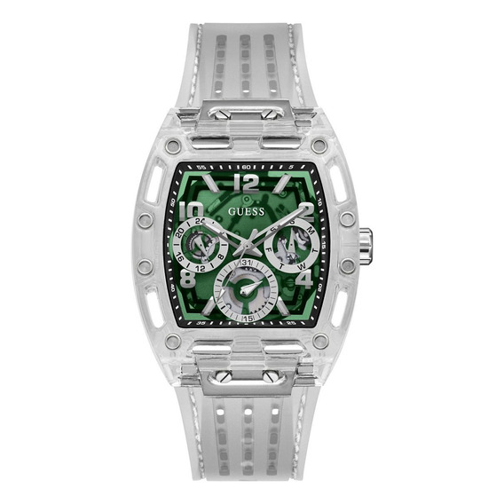 Reloj De Hombre Marca Guess Phoenix Color Verde Correa Transparente Bisel Transparente Fondo Verde