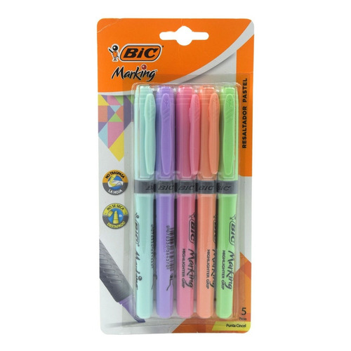 Marcatextos Resaltador Bic Marking Pastel Punta Cincel 5 Pzs