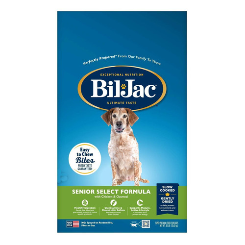 Alimento Bil Jac Senior Select Formula para perro senior todos los tamaños sabor pollo y avena en bolsa de 30lb