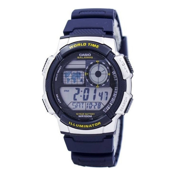 Reloj pulsera Casio Youth Series AE-1000 de cuerpo color plateado, digital, para hombre, fondo negro, con correa de resina color azul, dial negro, subesferas color gris, minutero/segundero negro, bise