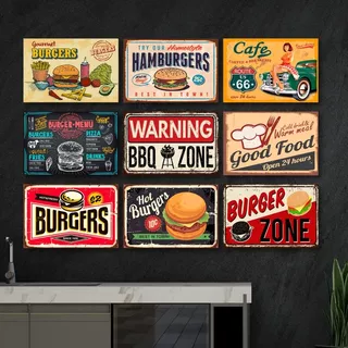 Kit Placas Decorativas Hamburgers Lanches Bbq Mdf - 9 Placas