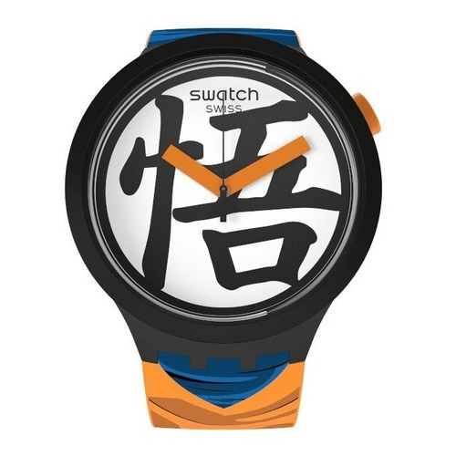 Reloj de pulsera Swatch Dragon Ball Z Goku x Swatch de cuerpo color negro, analógico, fondo blanco, con correa de silicona color naranja, agujas color naranja y negro, bisel color negro y hebilla simple