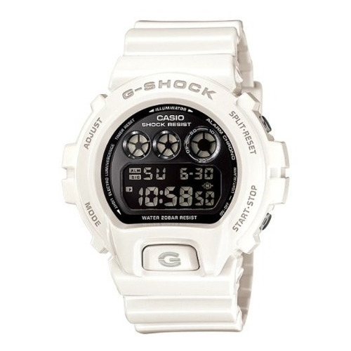 Reloj pulsera Casio G-Shock DW-6900NB-7 de cuerpo color blanco, digital, fondo negro, con correa de resina color blanco, dial gris, subesferas color gris y negro, minutero/segundero gris, bisel color blanco, luz azul turquesa y hebilla simple