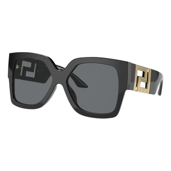 Gafas de sol Versace Greca con marco de acetato color negro, lente gris botella, varilla negra/dorada de nailon - VE4402