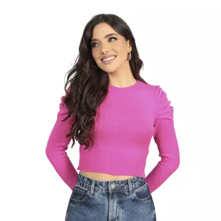 Blusa Feminina Cropped Manga Longa Trico Moda Tendência