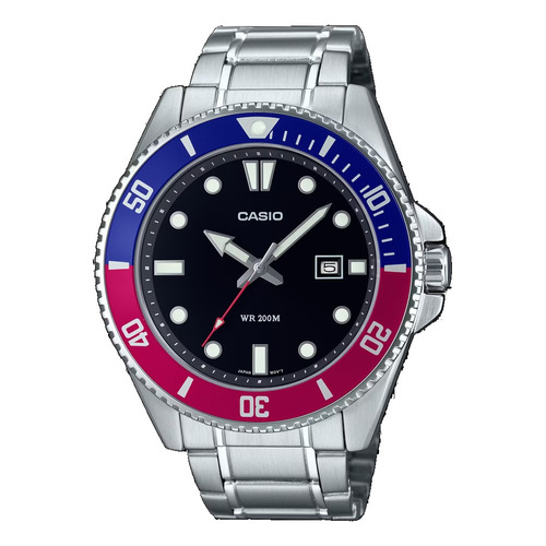 Reloj Casio Hombre Mdv-107d-1a3 Analogico 200m Acero Inox Color De La Malla Plateado Color Del Bisel Rojo Y Azul Color Del Fondo Negro