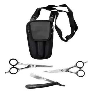 Kit Tijeras De Corte Peluqueria Microdentada Y Pulir 5.5 + Navajin Cobalto Color Negro