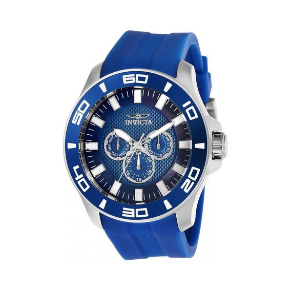 Reloj pulsera Invicta Pro Diver 28003 de cuerpo color plateado, analógico, para hombre, fondo azul, con correa de silicona color azul, agujas color blanco y plateado, dial blanco y plateado, subesfera