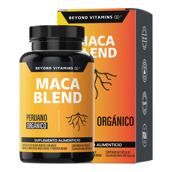 Maca Blend | Maca Peruana Orgánica + Pimienta Negra | Sin Azúcar - Suplemento Alimenticio Vegano Beyond Vitamins Testo - 60 Cápsulas