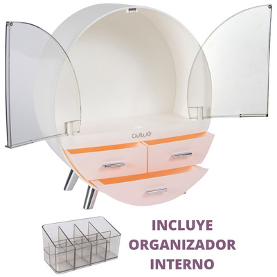 Organizador Elegante De Cosméticos Y Maquillaje Ravena Curve - Tocador O Baño - 3 Cajones, 3 Niveles, Tamaño Medio, Alto 34cm - Color Rosado