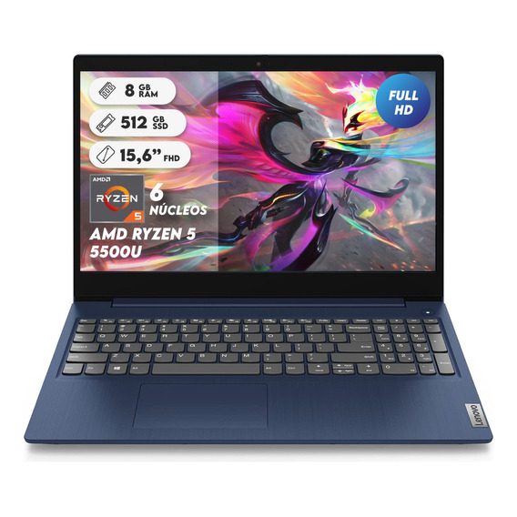 Portátil Lenovo R5 5500u 8gb Ram 512gb Disco Solido Fhd