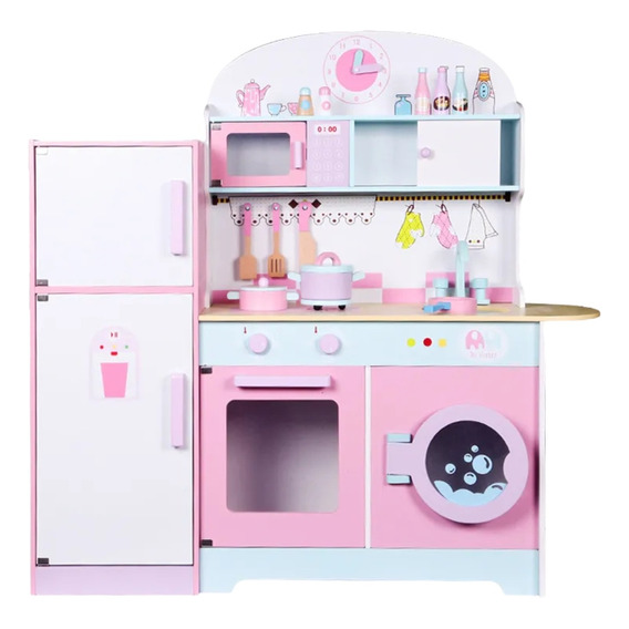 Cocinita De Madera Con Refrigerador Rosa Divertida Paraniños