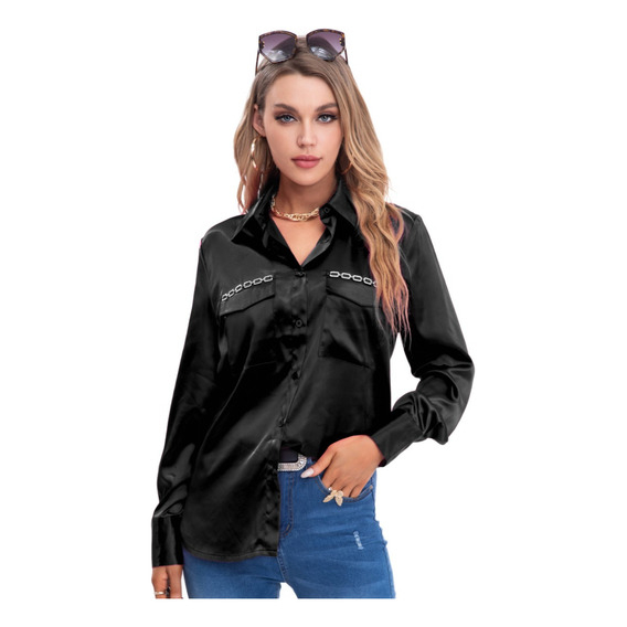 Blusa Mujer Manga Larga Satinada Con Botones Y Cuello V 