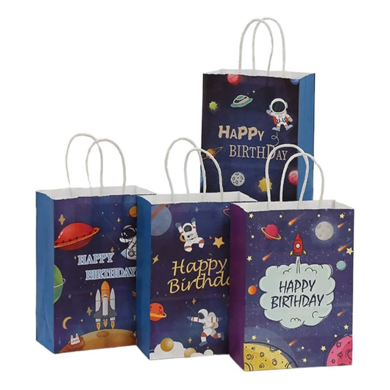 Bolsa De Papel Kraft Astronauta Espacio Para Dulces Pack 12