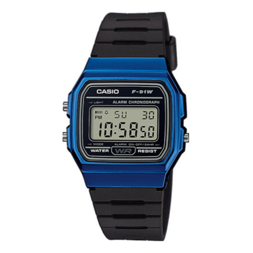 Reloj de pulsera Casio Collection F-91WG-9QDF-SC de cuerpo color azul, digital, para hombre, fondo gris, con correa de resina color negro, dial negro, minutero/segundero negro, bisel color negro y hebilla simple