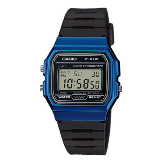 Reloj pulsera Casio Collection F-91WG-9QDF-SC de cuerpo color azul, digital, para hombre, fondo gris, con correa de resina color negro, dial negro, minutero/segundero negro, bisel color negro y hebill