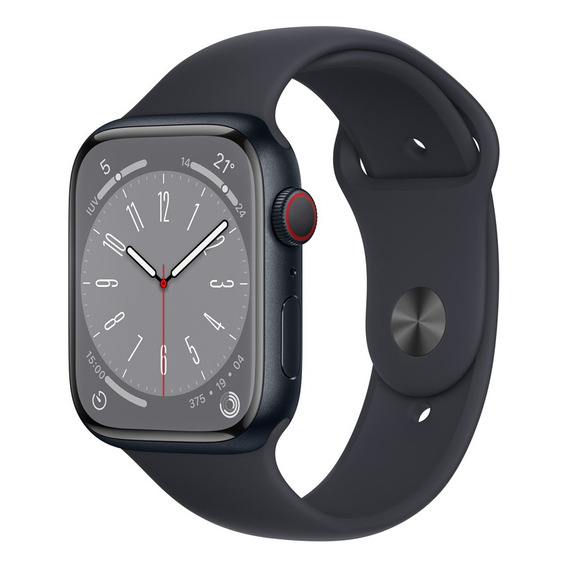 Apple Watch Series 8 GPS + Celular - Caja de acero inoxidable color grafito 45 mm - Correa deportiva color medianoche - Patrón