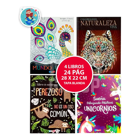 Set De 4 Libros Para Colorear Animales: Unicornios, Perezoso