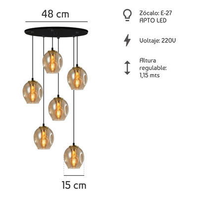 Colgante 6 Luces Ástrid Ambar Base Redonda 48cm Apto Led E27