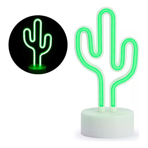 Lampara Velador Neon Luz Led Forma Cactus Con Base Estructura Verde Pantalla Blanco