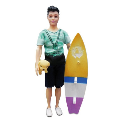 Muñeco Simil Ken Articulado 30 Cm Con Tabla De Surf Y Perro