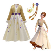 Fantasia Vestido Anna Frozen 2 Filme + Coroa Varinha Trança