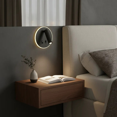 Aplique Cabecera Con Tecla Circular Focus Negro Luz Desing Negro