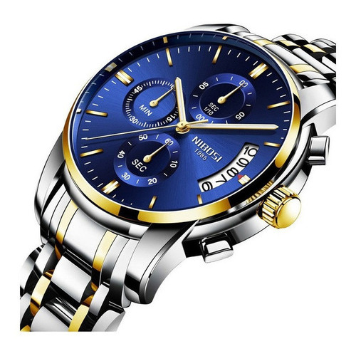 Relojes Nibosi Metallic Chronograph para hombre, cuarzo 2353, color de fondo plateado, dorado y azul