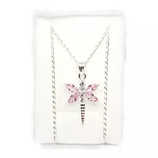 Collar De Libelula Rosa Zirconias 2.5 De Plata+estuche Li7