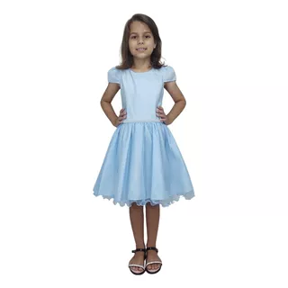 Vestido Infantil Princesa Frozen Saia Com Brilho Azul Luxo