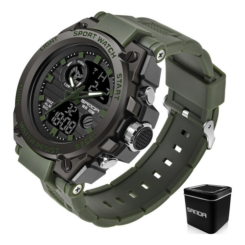 Reloj de pulsera Sanda top tean 739 de cuerpo color negro, analógico-digital, para hombre, fondo negro, con correa de poliuretano color verde ejército, agujas color verde ejército y blanco, dial verde ejército, subesferas color negro y gris, minutero/segundero blanco, bisel color negro, luz celeste y hebilla simple