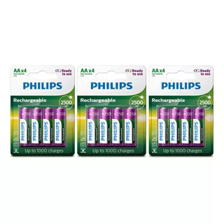 12 Pilhas Recarregável Philips Aa 2600mah Hr6 Mignon Nfe