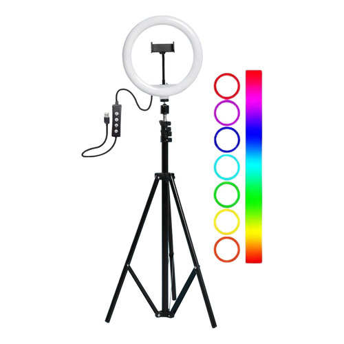 Aro De Luz Led Colores Rgb Trípode 26cm 2.1mt Soporte Selfie Color de la estructura Negro