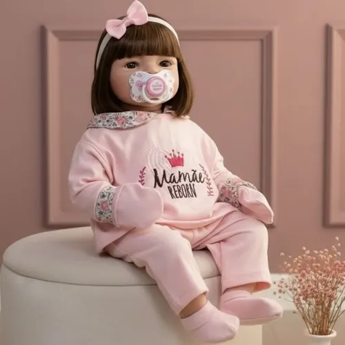 Boneca Bebê Reborn Cabelos Castanhos 48cm Silicone Acessórios Mamãe Reborn  | Frete grátis
