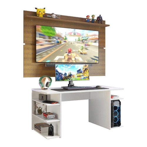 Escritorio Gamer Madesa 9409 Y Panel Para Tv Hasta 65 Color Blanco/Rústico