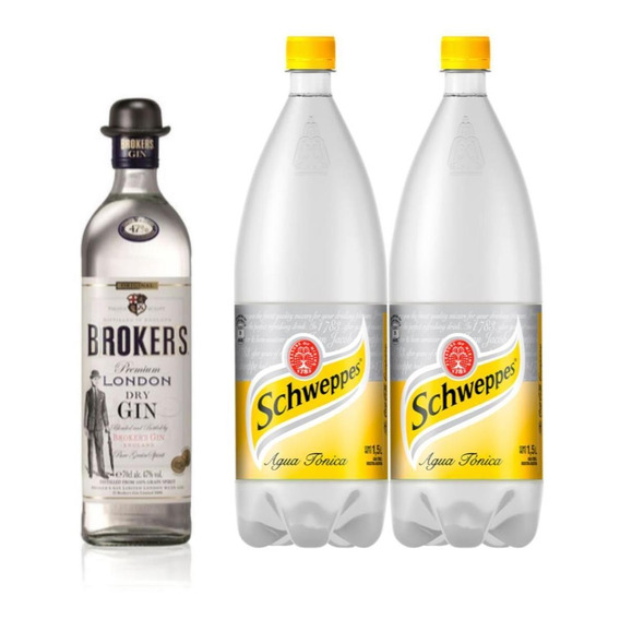 Gin Brokers Importado 750ml + Agua Tonica Schweppes 1,5l X2