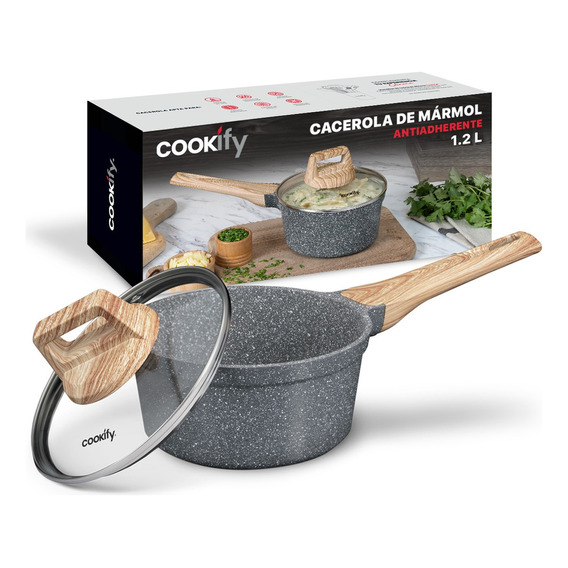 Olla Cacerola Antiadherente 16 Cm Con Tapa Cookify 1.2 Lts. | Stone-tech Series | Libre De Pfoa, Cocción Uniforme, Mango Ergonómico. Color Mármol Gris