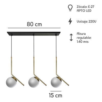 Colgante 3 Luces Ballon Dorado Y Vidrio Opal Apto Led E27 