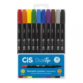 Kit Estojo 10 Caneta Pincel Dual Tip Brush Pen Fineliner Cis