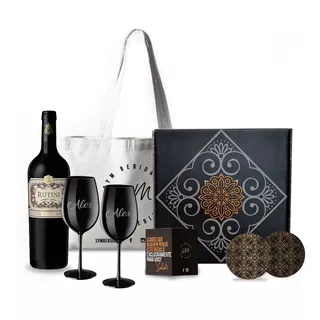 Regalo Box Estuche Con Vino Rutini + 2 Copas Negras Grabadas