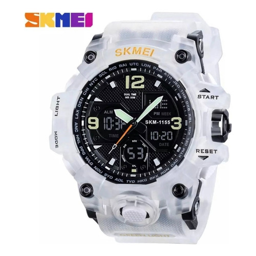 Reloj pulsera Skmei 1155 con correa de poliuretano color transparente/blanco - fondo negro - bisel transparente/blanco/negro