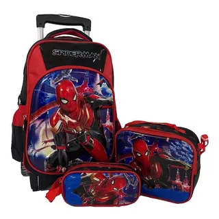 Morral Mochila Con Ruedas Spaiderman+lonchera+cartuchera X3