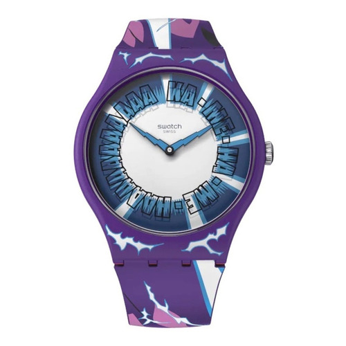 Reloj Swatch Unisex Dragonball Z Suoz345 Gohan X Swatch Color de la correa Violeta Color del bisel Violeta Color del fondo Azul