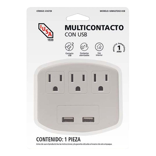 Multicontacto Supresor 3 Tomas Y 2 Puertos Usb