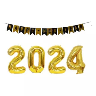 Kit Decorativo Banner Happy New Year 2024 Set Globo Año Nuev