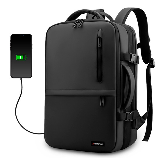 Redlemon Mochila para Laptop Expandible Antirrobo con Puerto USB para Power Bank (no incluido), Tamaño Extra Grande, 3 Divisiones con Múltiples Compartimentos, Respaldo Acolchonado, Ideal Para Viajes