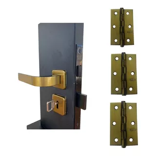 Fechadura Para Porta Madeira Quarto Bronze + Dobradiça