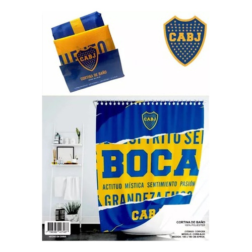 Cortina De Baño Boca Juniors Teflon + Ganchos Color Azul y Amarillo